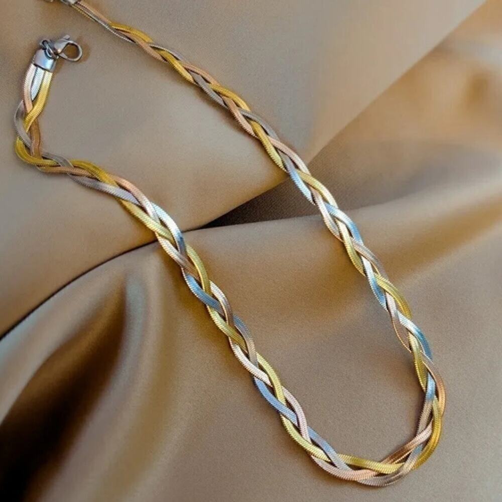 Stainless Steel Necklace Herringbone braided Tri-Colour Flat snake Chain 2 Pcs.